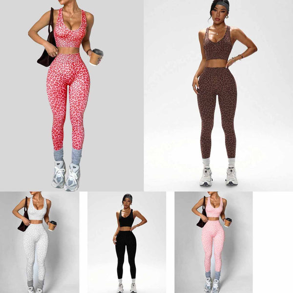 Leopard-Print Seamless Yoga Bra And Peach-Butt Leggings Set
