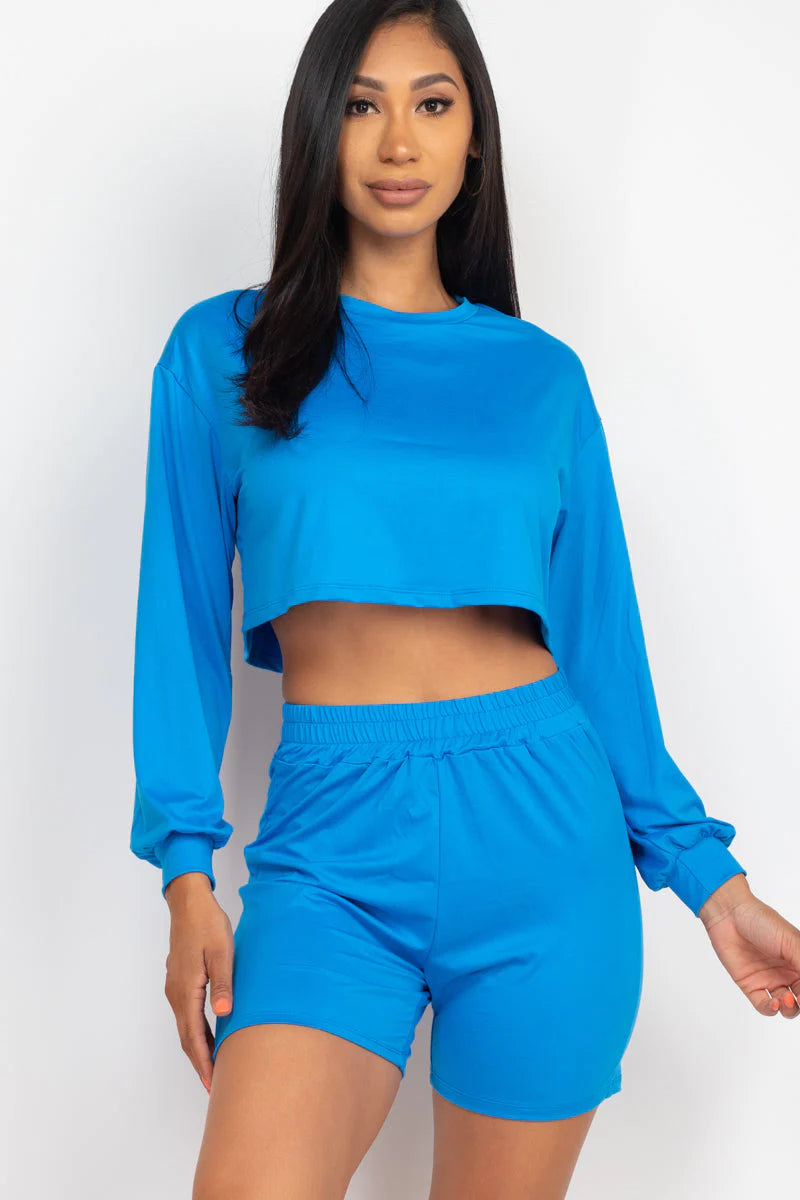 Cozy Long Sleeve Crop Top&Shorts Set 