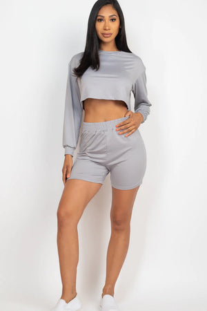 Cozy Long Sleeve Crop Top&Shorts Set 