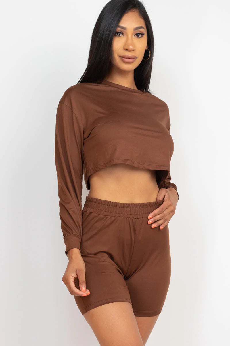 Cozy Long Sleeve Crop Top&Shorts Set 