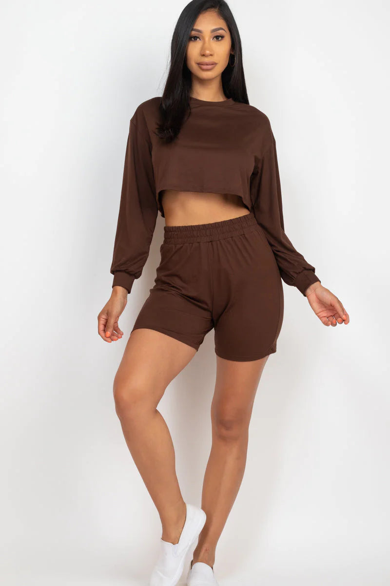 Cozy Long Sleeve Crop Top&Shorts Set 