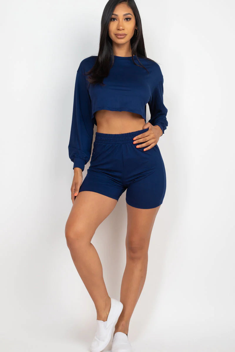 Cozy Long Sleeve Crop Top&Shorts Set 