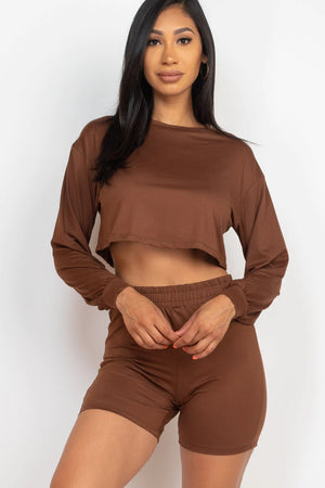 Cozy Long Sleeve Crop Top&Shorts Set 