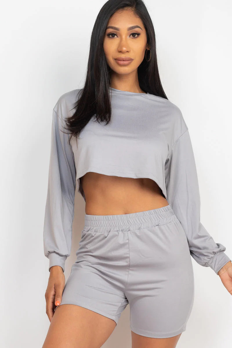 Cozy Long Sleeve Crop Top&Shorts Set 