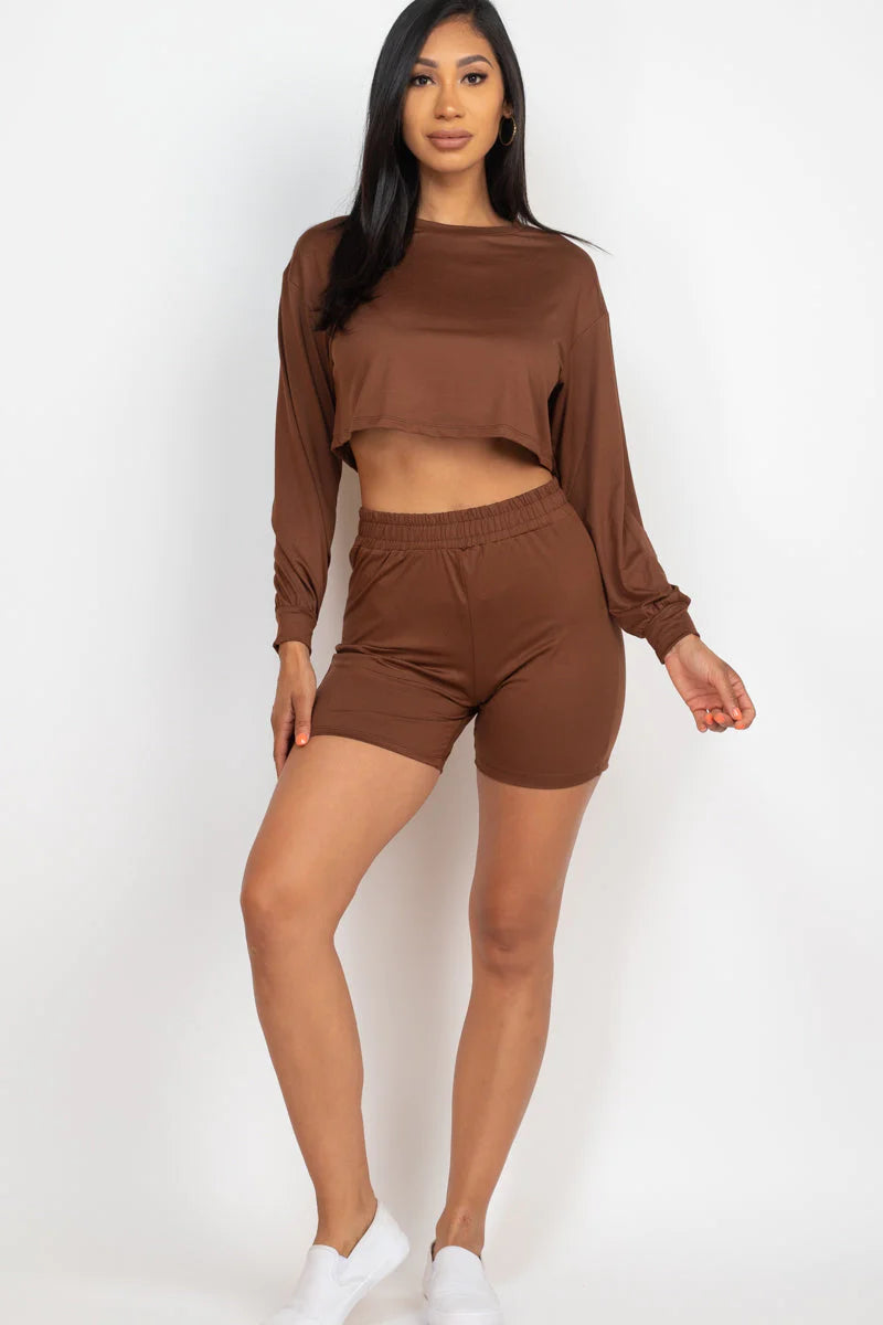 Cozy Long Sleeve Crop Top&Shorts Set 