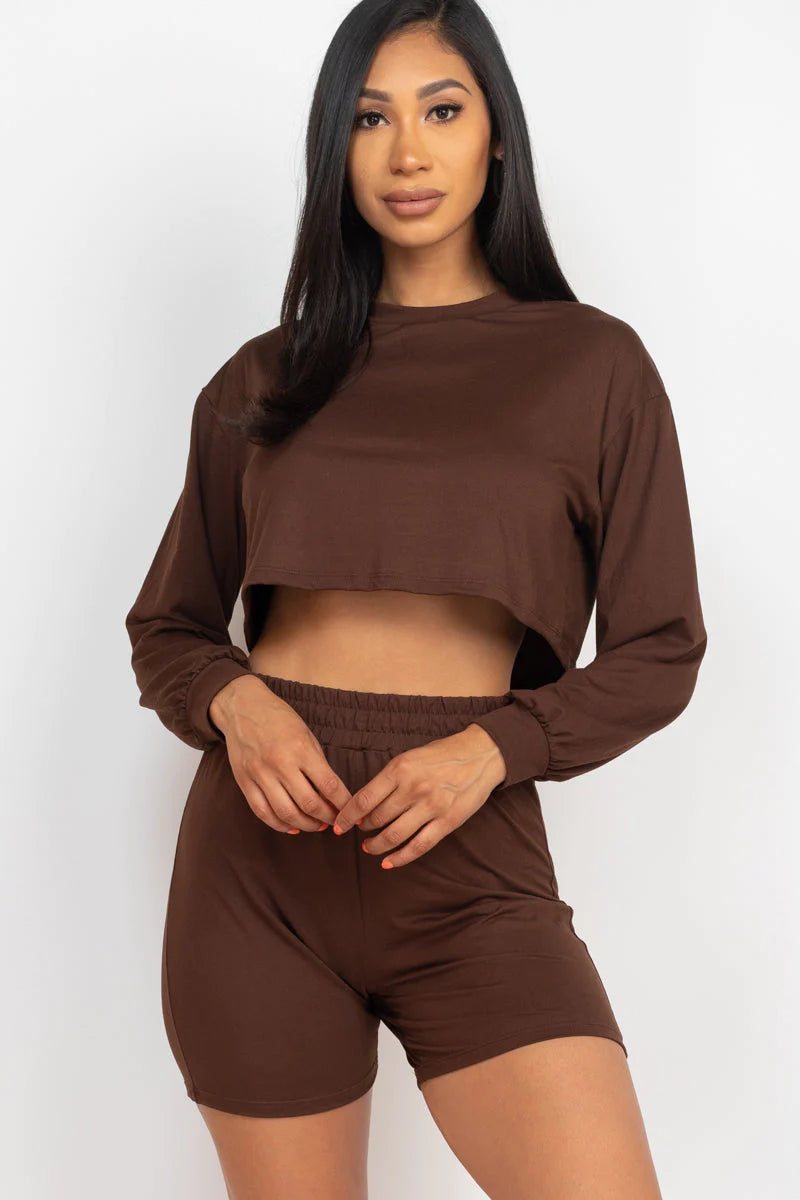 Cozy Long Sleeve Crop Top&Shorts Set 