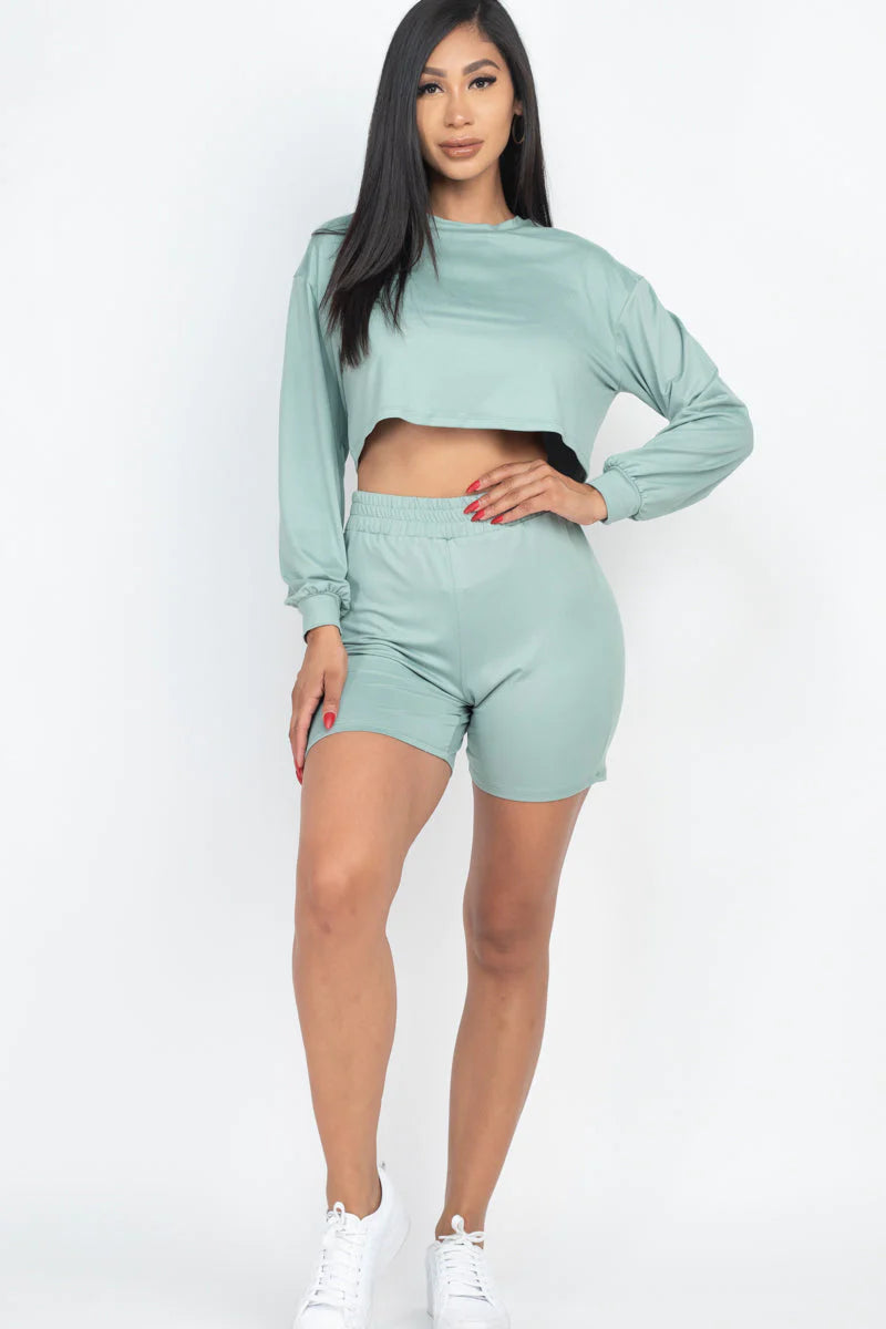 Cozy Long Sleeve Crop Top&Shorts Set 