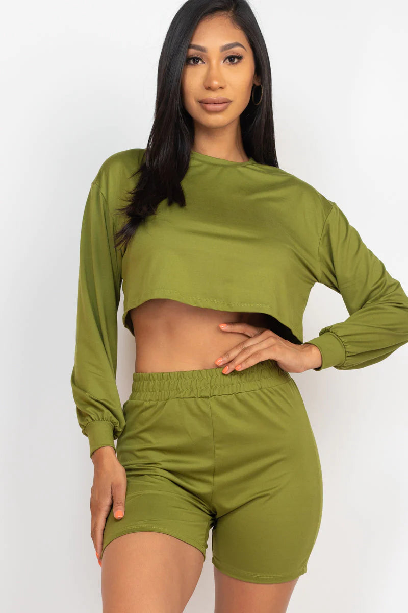 Cozy Long Sleeve Crop Top&Shorts Set 