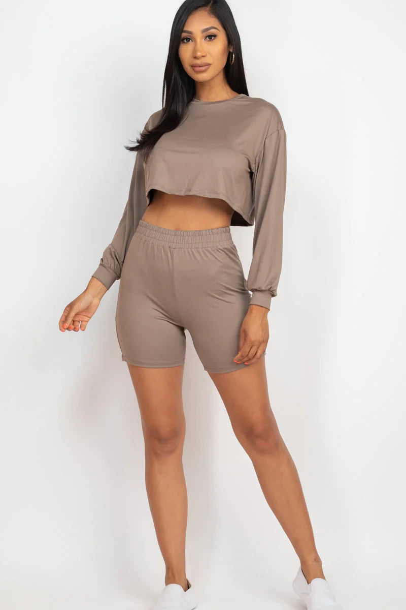 Cozy Long Sleeve Crop Top&Shorts Set 