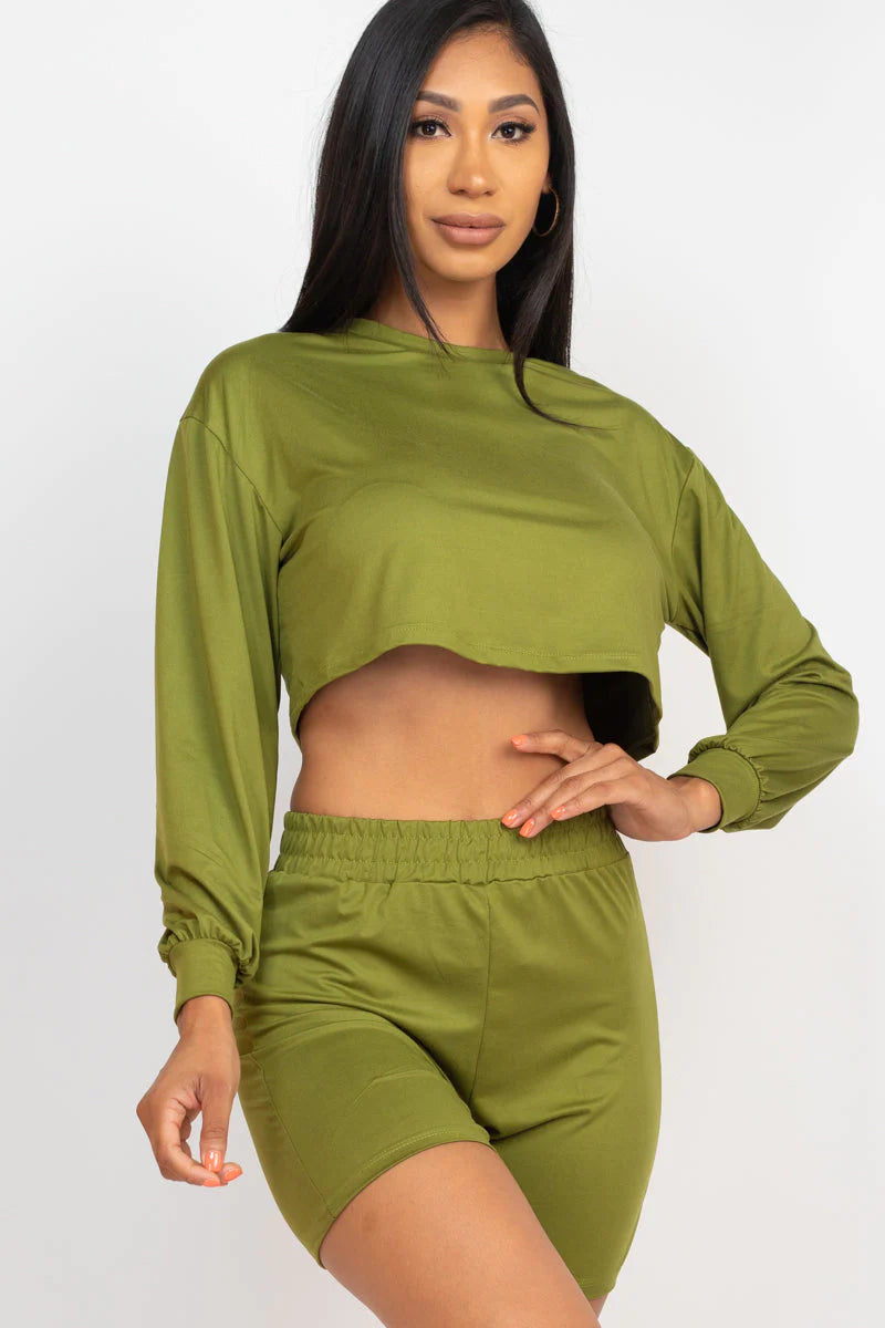 Cozy Long Sleeve Crop Top&Shorts Set 