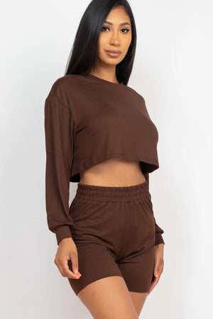 Cozy Long Sleeve Crop Top&Shorts Set 