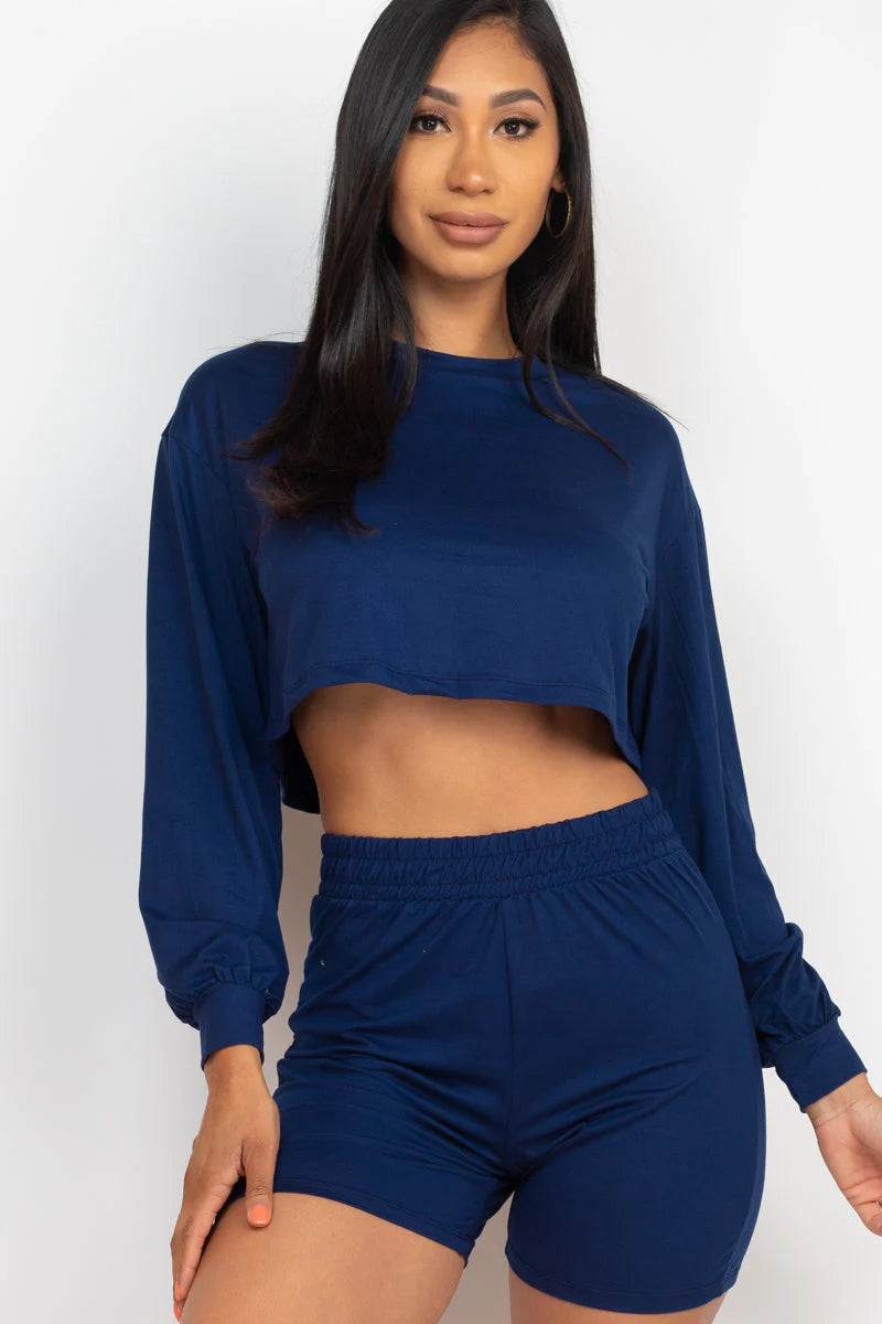 Cozy Long Sleeve Crop Top&Shorts Set 