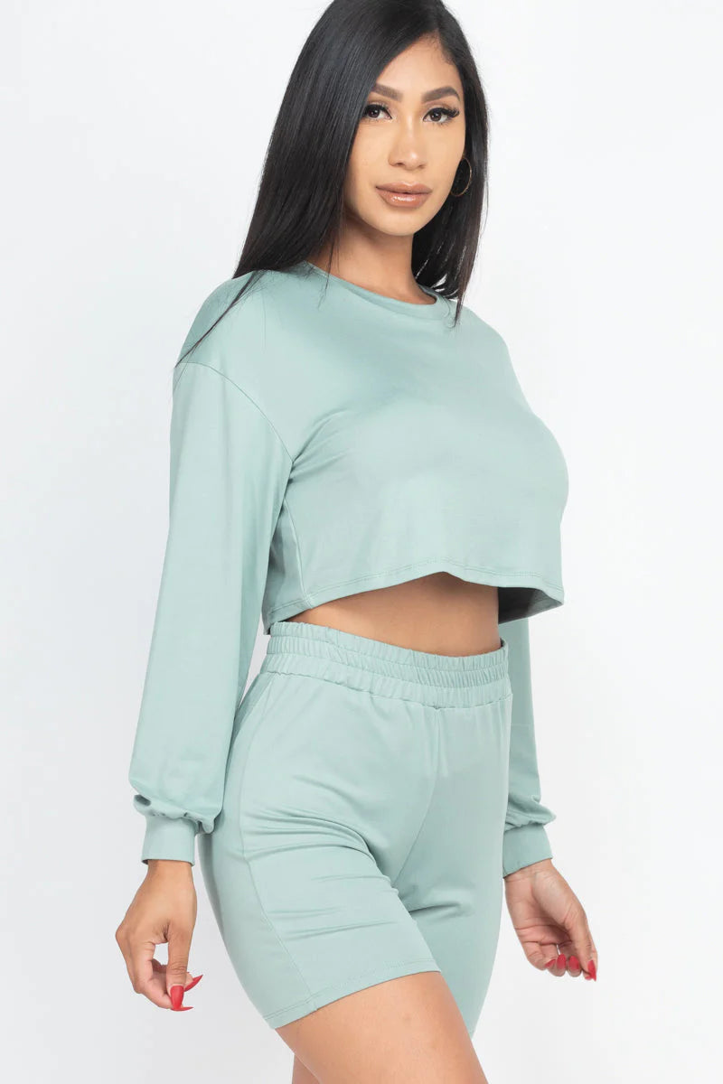 Cozy Long Sleeve Crop Top&Shorts Set 