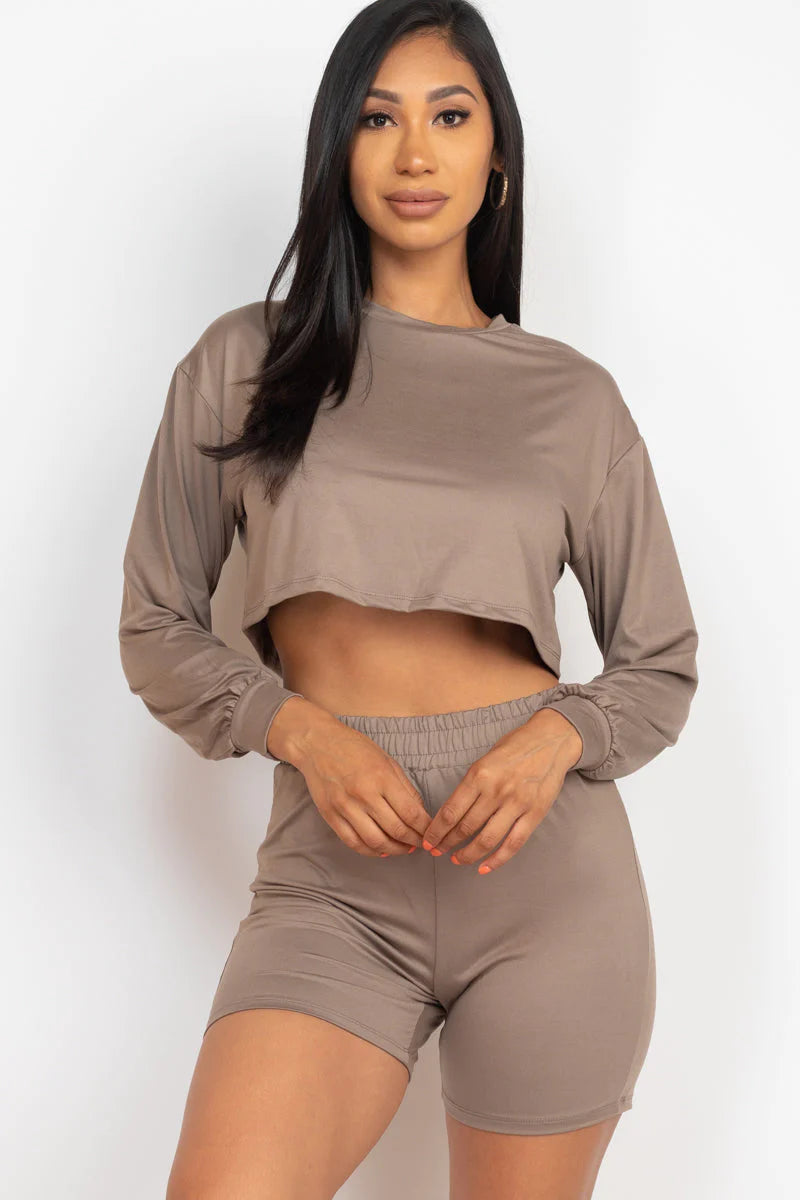 Cozy Long Sleeve Crop Top&Shorts Set 