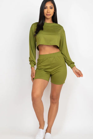 Cozy Long Sleeve Crop Top&Shorts Set 