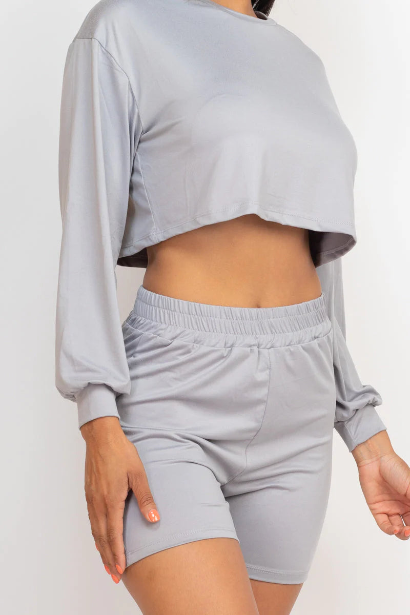 Cozy Long Sleeve Crop Top&Shorts Set 