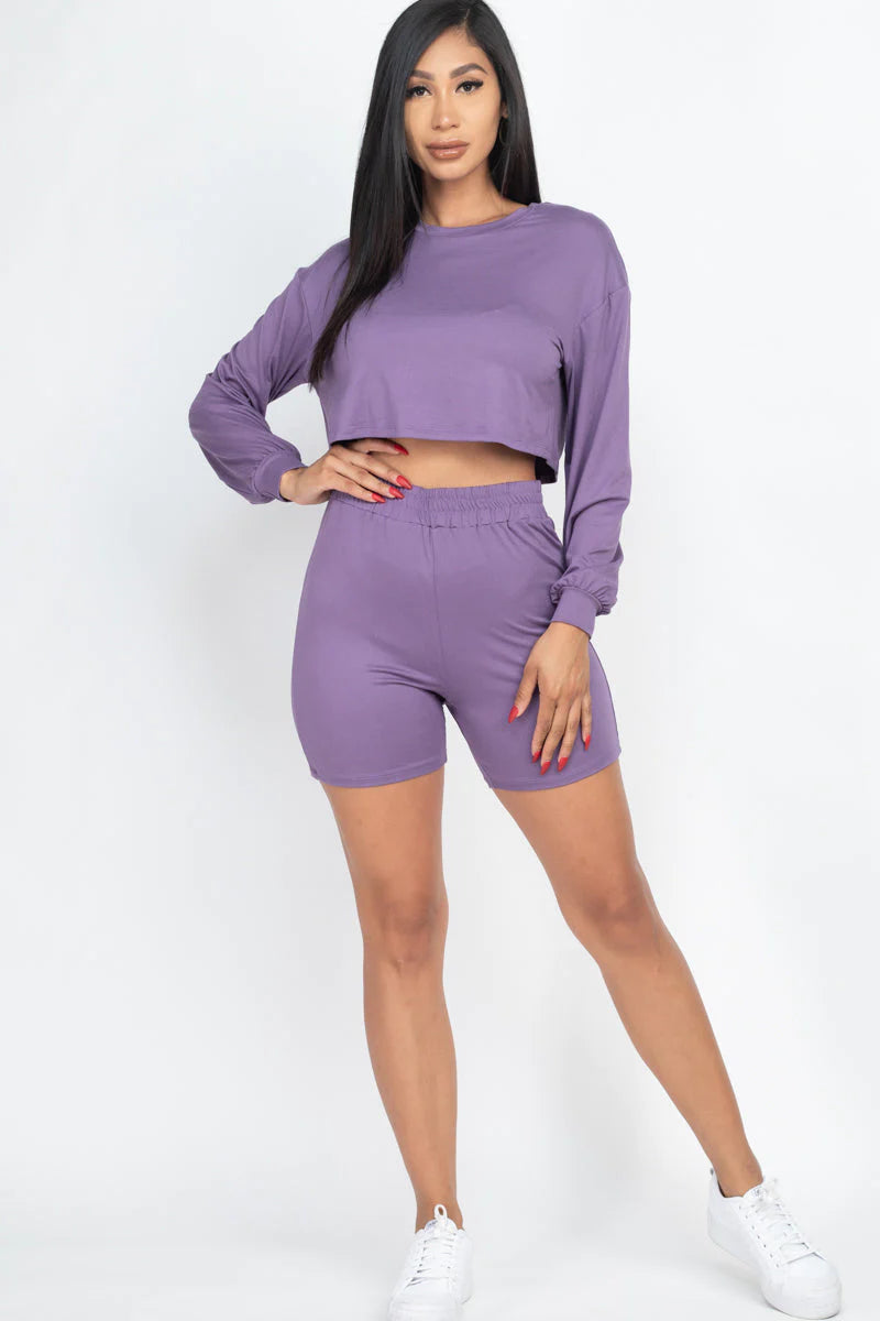 Cozy Long Sleeve Crop Top&Shorts Set 