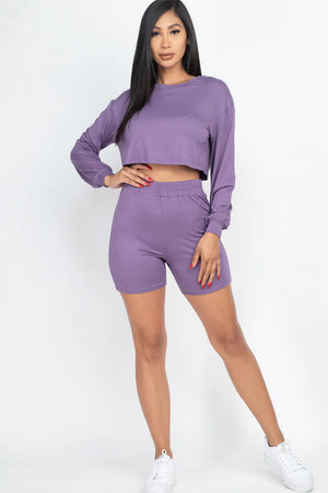 Cozy Long Sleeve Crop Top&Shorts Set 